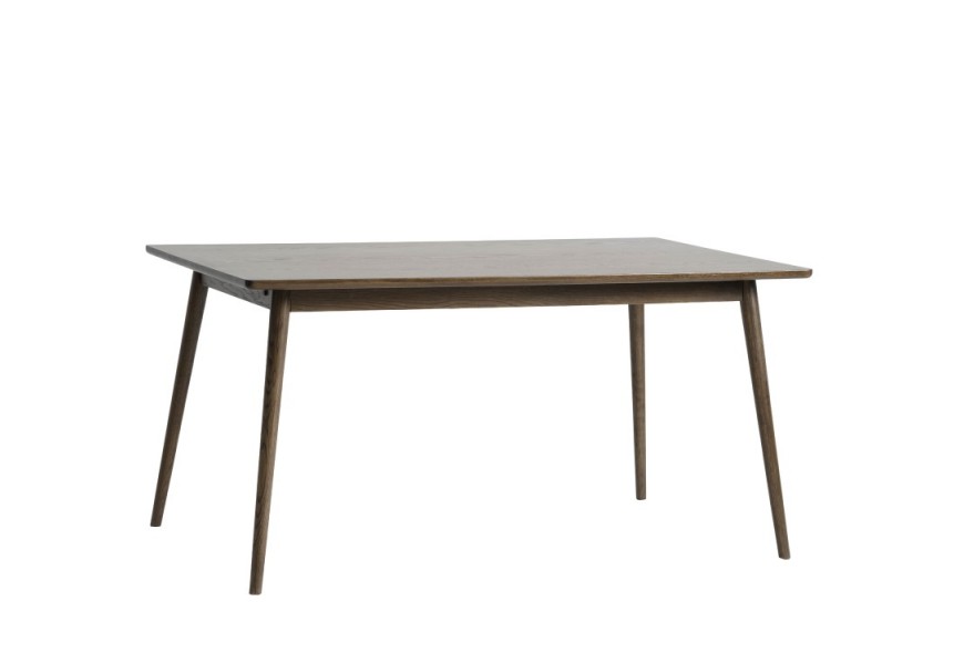 Škandinávsky obdĺžnikový rozkladací jedálenský stôl Aarhus s vrchnou doskou zo zaoblenými rohmi z dubového dreva v tmavom hnedom lakovaní s priznanou kresbou letokruhov