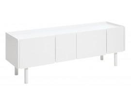 Moderný obdĺžnikový TV stolík Arvila so štyrmi dvierkami v bielej farbe s valcovými nožičkami 160 cm