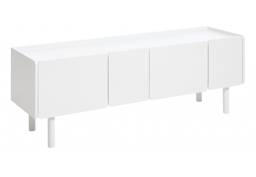 Modern&yacute; obdĺžnikov&yacute; TV stol&iacute;k Arvila so &scaron;tyrmi dvierkami v bielej farbe s valcov&yacute;mi nožičkami 160 cm