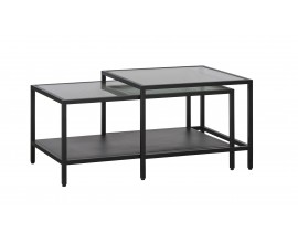 Modern&aacute; industri&aacute;lna obdĺžnikov&aacute; sada konferenčn&yacute;ch stol&iacute;kov Farver s čiernou kon&scaron;trukciou so sklenenou vrchnou doskou 90 cm