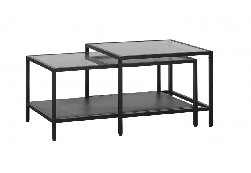 Modern&aacute; industri&aacute;lna obdĺžnikov&aacute; sada konferenčn&yacute;ch stol&iacute;kov Farver s čiernou kon&scaron;trukciou so sklenenou vrchnou doskou 90 cm