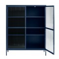 Modern&aacute; industri&aacute;lna dvojdverov&aacute; knižnica Farver so sklenen&yacute;mi v&yacute;plňami v modrej farbe z kovu s dvomi policami 140 cm