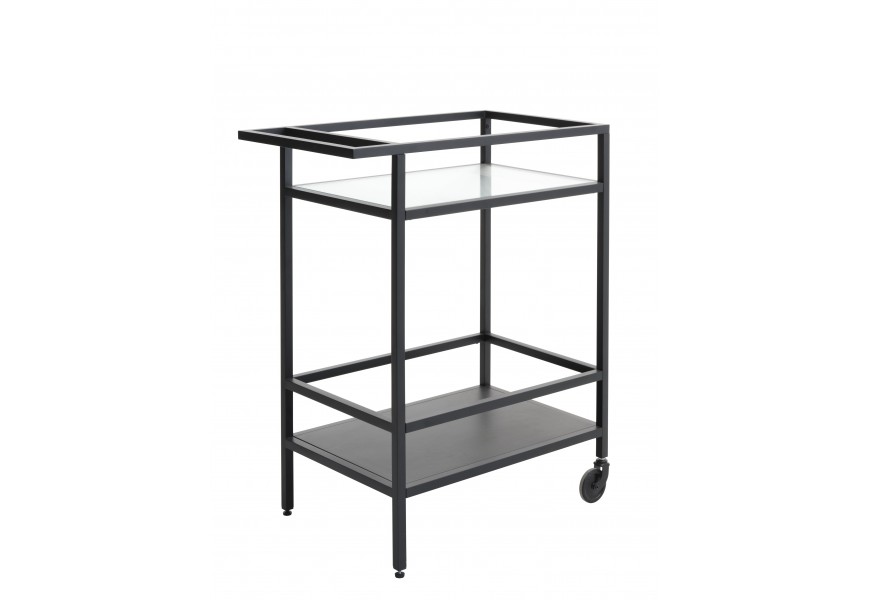 Moderný industriálny servírovací vozík Farver s čiernou konštrukciou z kovu na kolieckach s dvomi policami