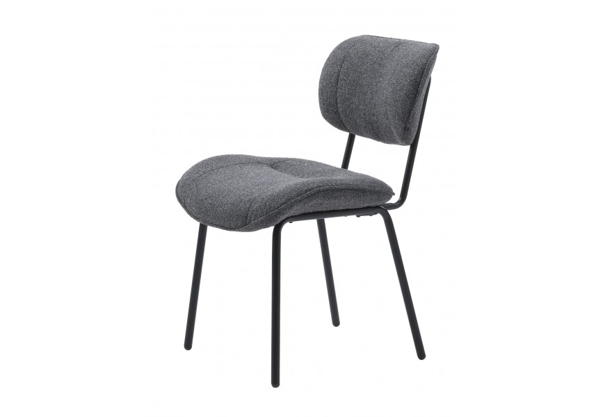Moderná dizajnová sivá jedálenská stolička Hruna s čalúneným sedadlom a opierkou s buklé štruktúrovaným poťahom so štíhlym rámom z kovu v matnej čiernej farbe