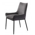 Moderná čalúnená sivá jedálenská stolička Beryl s nízkymi opierkami na ruky a obdĺžnikovou chrbtovou opierkou s podstavou z kovu v čiernej farbe so štyrmi nohami s dizajnovým presahom do sedacej časti