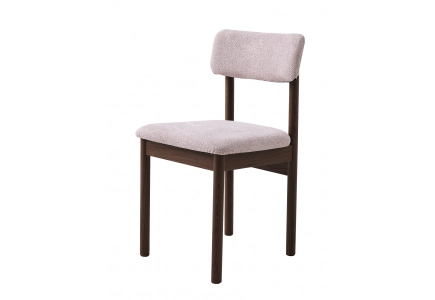 Dizajnová škandinávska stolička Leonna s rámom z dubového dreva v tmavom hnedom lakovaní so sedadlom a chrbtovou opierkou s čalúnením s buklé poťahom v svetlej béžovo pieskovej farbe