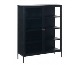 Industri&aacute;lna čierna kovov&aacute; vitr&iacute;na Soeren z dvojit&yacute;mi presklen&yacute;mi dvierkami s lesklou zlatou &uacute;chytkou a &scaron;tyrmi policami 140 cm