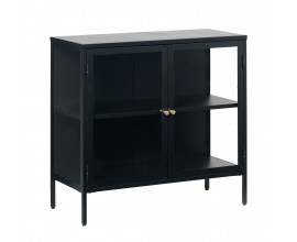 Dizajnov&yacute; industri&aacute;lny pr&iacute;born&iacute;k Soeren s dvojit&yacute;mi presklen&yacute;mi dvierkami so zlat&yacute;mi &uacute;chytkami z kovu v čiernej farbe 90 cm