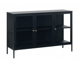 Modern&yacute; čierny trojdverov&yacute; pr&iacute;born&iacute;k Soeren z kovovou kon&scaron;trukciou a priehľadn&yacute;mi sklenen&yacute;mi dvierkami 132 cm