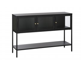 Dizajnov&yacute; modern&yacute; čierny pr&iacute;born&iacute;k Soeren s tromi sklenen&yacute;mi dvierkami a jednou otvorenou policou z kovu 132 cm