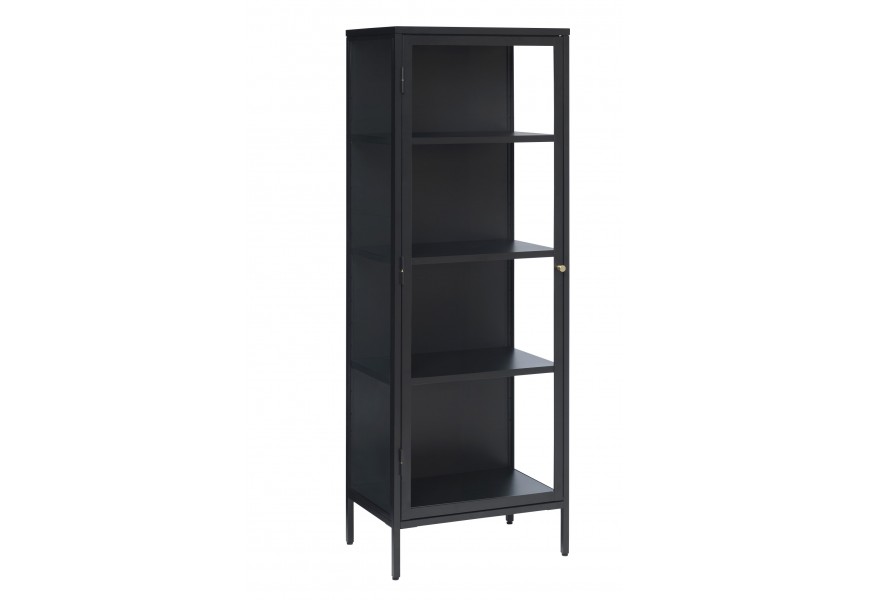 Dizajnová industriálna čierna kovová vitrína Soeren s jednými sklenenými dvierkami s lesklou zlatou kovovou úchytkou na nožičkách so štyrmi policami