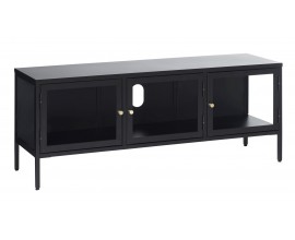Modern&yacute; čierny trojdverov&yacute; TV stol&iacute;k Soeren z kovu so sklenen&yacute;mi dvierkami so zlatou &uacute;chytkou na nožičk&aacute;ch 132 cm