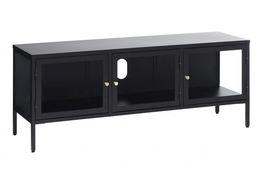 Dizajnový industriálny televízny stolík Soeren z kovu v čiernej farbe s tromi dvierkami s priehľadnou sklenenou výplňou a zlatou úchytkou s plnou zadnou stenou s otvorom na vedenie káblov na nožičkách