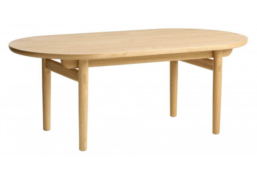 Retro masívny konferenčný stolík Roskilde s oválnou vrchnou doskou a štyrmi valcovitými nožičkami s lineárnymi výstuhami vo svetlej hnedej prírodnej farbe dubového dreva