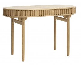 &Scaron;kandin&aacute;vsky ov&aacute;lny p&iacute;sac&iacute; st&ocirc;l Roskilde s &uacute;ložn&yacute;m priestorom s posuvn&yacute;mi dvierkami v hnedom dubovom preveden&iacute; 120 cm