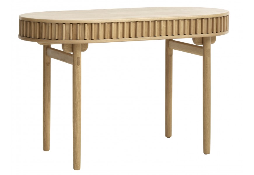 Dizajnový retro písací stôl Roskilde z masívneho a dyhovaného dubového dreva v svetlej hnedej farbe s prírodnou kresbou letokruhov a oválnou vrchnou doskou s úložným priestorom s posuvnými dvierkami so štyrmi valcovitými nožičkami