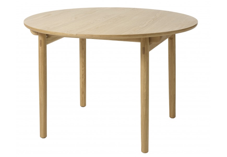 Luxusný masívny dubový retro jedálenský stôl Roskilde s okrúhlou rozkladacou vrchnou doskou a štyrmi nohami vo svetlom hnedom prírodnom prevedení