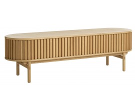 Retro ov&aacute;lny TV stol&iacute;k Roskilde s lamelov&yacute;mi posuvn&yacute;mi dvierkami s dvomi policami a z&aacute;suvkou v dubovom hnedom preveden&iacute; 160 cm