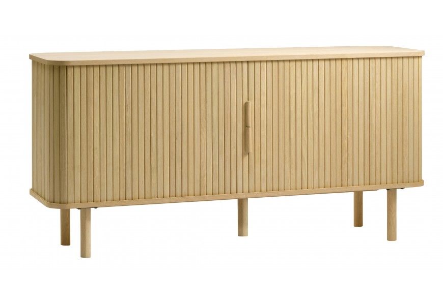 Dizajnový retro príborník Elbe s dvojitými posuvnými dvierkami s valcovitými úchytkami a lamelovým dekorom s piatimi nožičkami v prírodnom svetlom hnedom dubovom prevedení