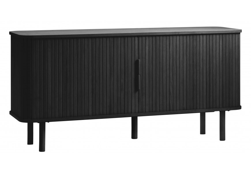 Škandinávsky dvojdverový príborník Elbe s obdĺžnikovou doskou so zaoblenými hranami s posuvnými dvierkami s vertikálne drážkovaným dizajnom s piatimi nožičkami z dubovej dyhy v čiernej farbe