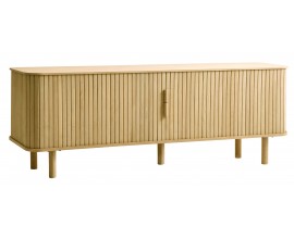 Luxusn&yacute; &scaron;kandin&aacute;vsky dubov&yacute; TV stol&iacute;k Roskilde v svetlej hnedej farbe s posuvn&yacute;mi dr&aacute;žkovan&yacute;mi dvierkami 160 cm