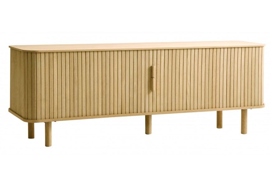 Luxusný škandinávsky masívny obdĺžnikový televízny stolík Elbe z dubového dreva v hnedej farbe so zaoblenými rohmi a posuvnými dvierkami so štyrmi policovými priestormi