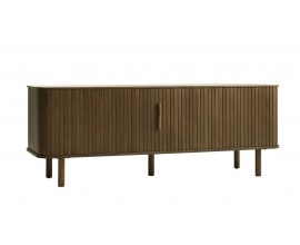 Retro TV stol&iacute;k Elbe v tmavom hnedom dubovom preveden&iacute; s dvojdverov&yacute;m &uacute;ložn&yacute;m priestorom a lamelov&yacute;m dizajnom 160 cm