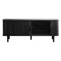 Dizajnov&yacute; retro čierny TV stol&iacute;k Elbe s dvojit&yacute;mi lamelov&yacute;mi posuvn&yacute;mi dvierkami a &uacute;ložn&yacute;m priestorom so &scaron;tyrmi policami 160 cm
