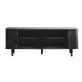 Dizajnov&yacute; retro čierny TV stol&iacute;k Elbe s dvojit&yacute;mi lamelov&yacute;mi posuvn&yacute;mi dvierkami a &uacute;ložn&yacute;m priestorom so &scaron;tyrmi policami 160 cm