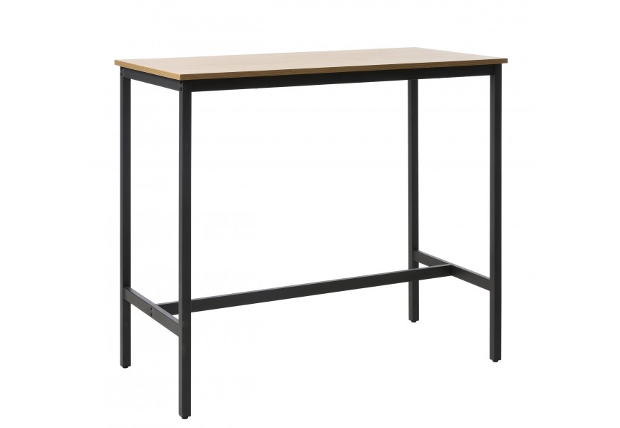 Industriálny barový stôl Holstebro s obdĺžnikovou melamínovou doskou so svetlým hnedým dubovým dizajnom a podstavou z kovu v matnej čiernej farbe