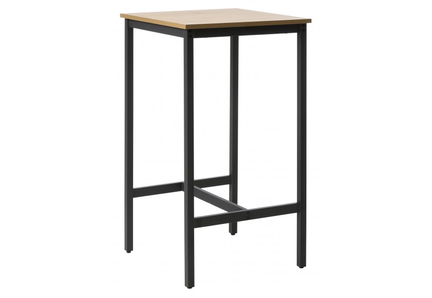 Moderný industriálny štvorcový barový stôl Holstebro s vrchnou doskou z melamínovej dyhy a svetlom hnedom dubovom prevedení s pravidelnou kresbou letokruhov so štyrmi čiernymi nohami s výstuhou v tvare H