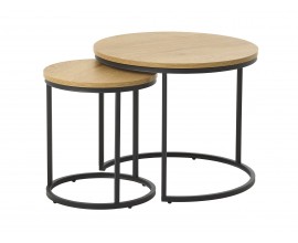 Dizajnov&aacute; industri&aacute;lna sada dvoch konferenčn&yacute;ch stol&iacute;kov s okr&uacute;hlymi melam&iacute;nov&yacute;mi doskami so svetl&yacute;m hned&yacute;m dubov&yacute;m dekorom s podstavami z kovu v čiernej farbe s možnosťou zasunutia