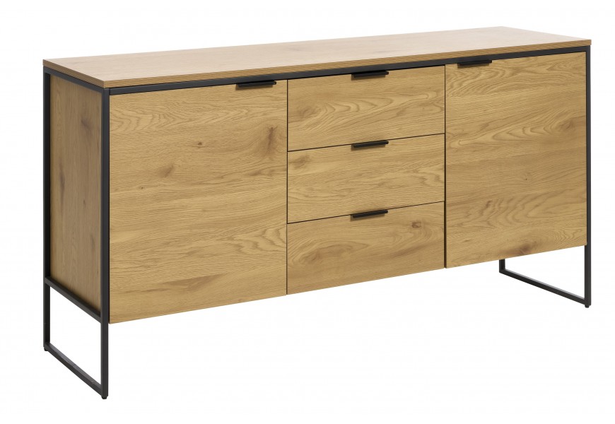 Moderný industriálny príborník Holstebro s dvomi dvierkami a tromi zásuvkami z melamínovej dyhy v svetlom hnedom dubovom dekore s kovovým rámom v čiernej farbe