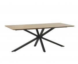 Modern&yacute; dizajnov&yacute; jed&aacute;lensk&yacute; st&ocirc;l s obdĺžnikovou vrchnou doskou z dyhy vo svetlom hnedom dubovom preveden&iacute; s pravidelnou kresbou letokruhov a podstavou z kovu so &scaron;tyrmi nohami s prekr&iacute;žen&yacute;m tvarom v čiernej farbe