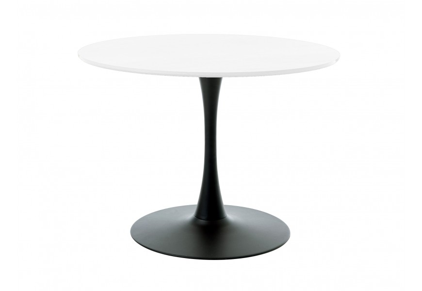 Dizajnový industriálny jedálenský stôl Holstebro v čiernej a bielej farbe s okrúhlou melamínovou vrchnou doskou a čiernou nohou z kovu