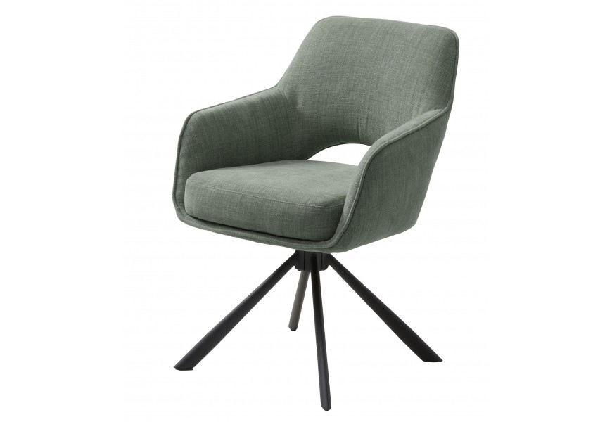Moderné industriálne jedálenské kreslo Mille s čalúnenou sedacou časťou so zeleným poťahom v šalviovom odtieni so ženilkovým finišom s otočnou čiernou podstavou z kovu so štyrmi nohami