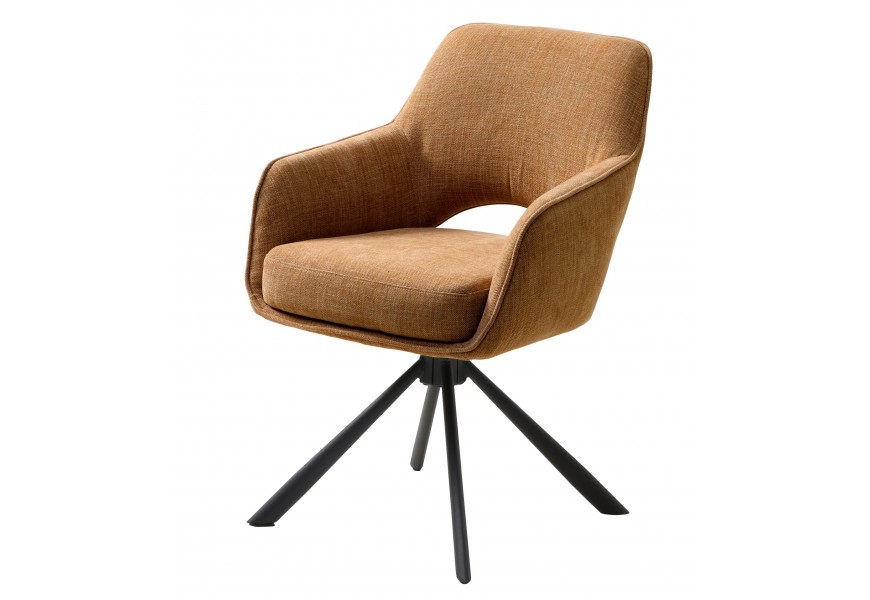 Moderné industriálne otočné jedálenské kreslo Mille s čalúnenou sedacou časťou so ženilkovým poťahom v horčicovej žltej farbe s opierkou s poloblúkovým výrezom v štýle key hole s podstavou z nehrdzavejúcej ocele v čiernej farbe so štymi nohami