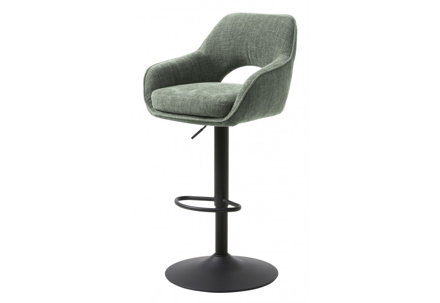 Moderná industriálna otočná barová stolička Mille s čiernou kovovou výškovo nastaviteľnou nohou s okrúhlou základňou s čalúnením a poťahom v šalviovej zelenej farbe a chrbtovou opierkou s poloblúkový výrezom