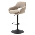 Moderná industriálna otočná výškovo nastaviteľná barová stolička Mille s bočnými opierkami a poloblúkovým výrezom na opierke s poťahom z mikrovlákna v svetlej béžovej farbe s ľanovým dizajnom a čiernou kovovu nohou