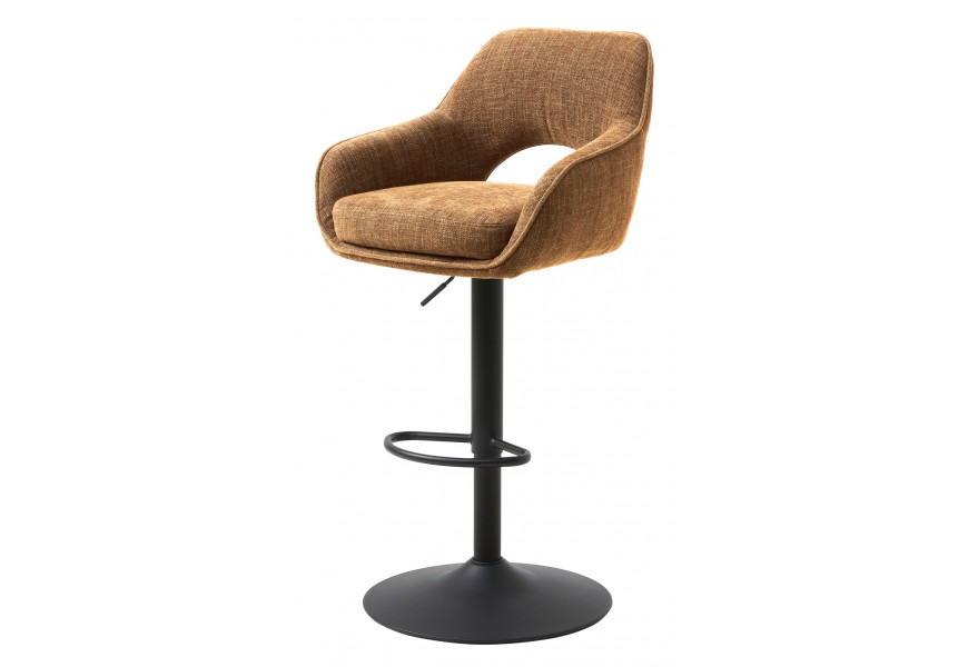 Industriálna škandinávska výškovo nastaviteľná barový stolička Mille s čalúneným otočným sedadlom so ženilkovým poťahom a poloblúkovým výrezom v opierke v horčicovej žltej farbe s melírovaným efektom s jednou čiernou nohou a okrúhlou podstavou z kovu