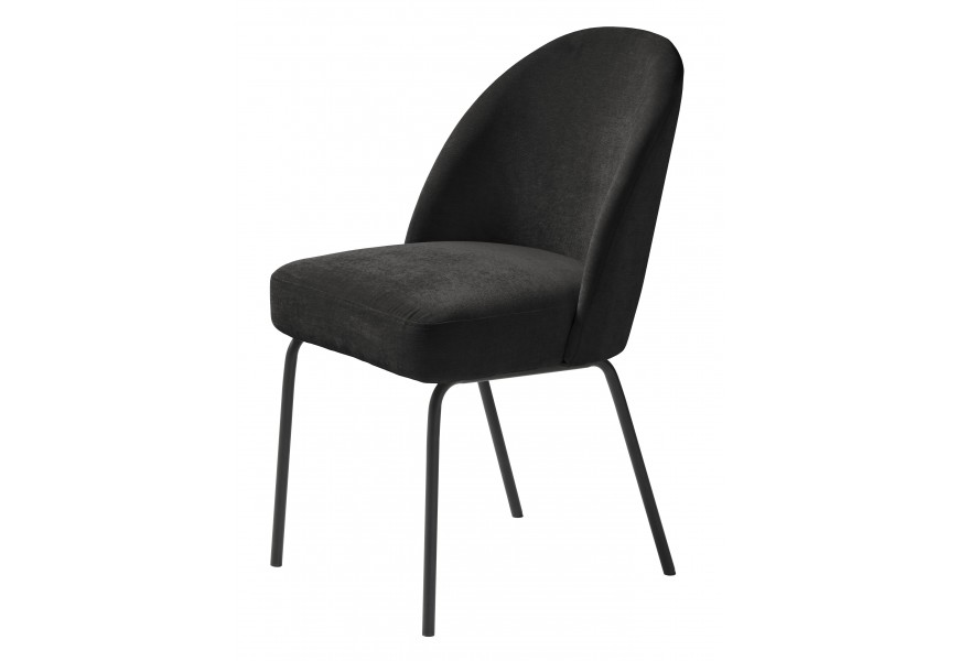 Dizajnová industriálna jedálenská stolička Zila s penovým čalúnením a ženilkovým poťahom v čiernej farbe so zamatovým leskom s nožičkami z tmavého kovu