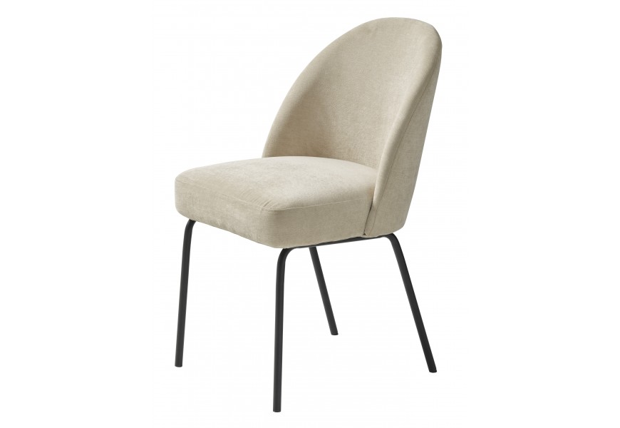 Moderná industriálna béžová jedálenská stolička Zila s poťahom so ženilkovým finišom a kovovými nohami v čiernej farbe