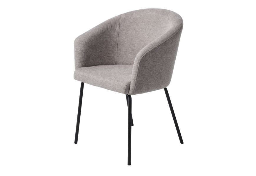 Moderná industriálna čalúnená jedálenská stolička Idun s poťahom s melírovaným efektom v svetlej sivej farbe s opierkami na ruky s nožičkami z kovu v čiernej farbe so štíhlym valcovitým profilom