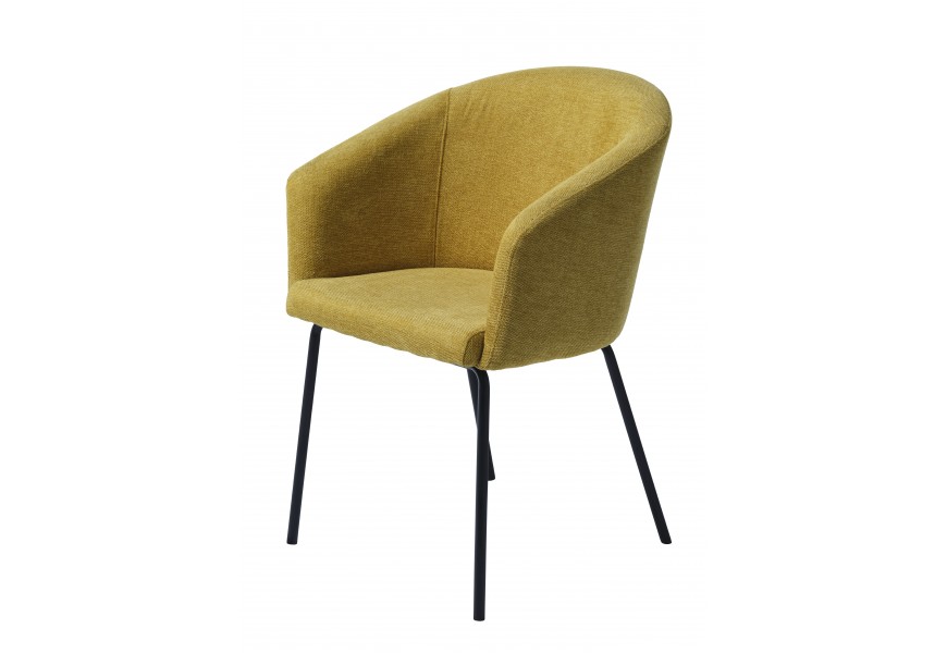 Moderná škandinávska žltá jedálenská stolička s čalúnenou sedacou časťou s opierkami na ruky so štyrmi nožičkami z kovu v čiernej farbe
