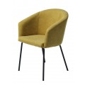 Moderná škandinávska žltá jedálenská stolička s čalúnenou sedacou časťou s opierkami na ruky so štyrmi nožičkami z kovu v čiernej farbe