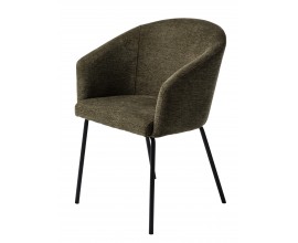 Moderná čalúnená jedálenská stolička Idun s opierkami na ruky v olivovej zelenej farbe s čiernou kovovou podstavou 80 cm