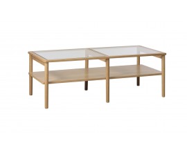 &Scaron;kandin&aacute;vsky sklenen&yacute; obdĺžnikov&yacute; konferenčn&yacute; stol&iacute;k Viggo s priehľadnou doskou a dubov&yacute;m hned&yacute;m r&aacute;mom s policou 120 cm