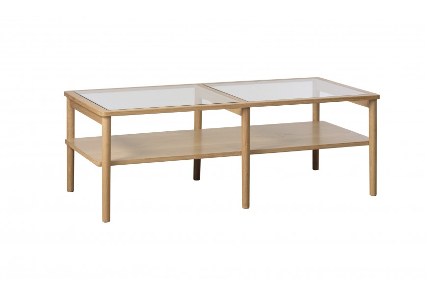Škandinávsky konferenčný stolík Viggo s obdĺžnikovou vrchnou doskou z dvoch sklenených výplní v drevenom ráme s plnou policou a šiestimi nožičkami z dubovej dyhy v prírodnom svetlom hnedom prevedení