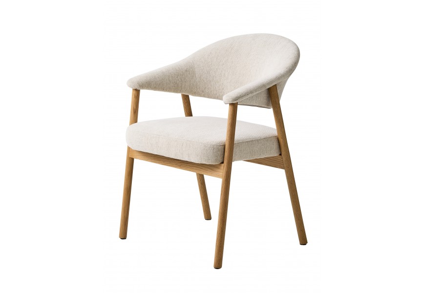 Škandinávska masívna jedálenská stolička Bodil s dreveným rámom v prírodnom svetlom hnedom prevedení s čalúnenou opierkou a sedadlom s poťahom zo ženilkovej textílie v bielej farbe