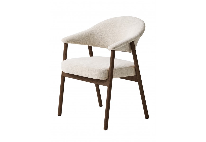 Moderná masívna jedálenská stolička Bodil v severskom štýle so ženilkovým poťahom v svetlej béžovej farbe a konštrukciou v tmavom hnedom prírodnom prevedení